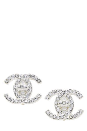 Chanel Silver & Crystal 'CC' Earrings Medium - What Goes Around Comes Around
