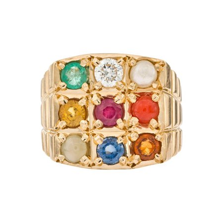 0.25 CT Diamond Multi Stone 18 KT Yellow Gold Sapphire Emerald Ruby Signet Ring For Sale at 1stdibs