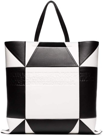 white and black geometric quilted leather tote
