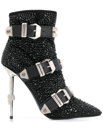 Black Philipp Plein Crystal Buckled Boots | Farfetch.com