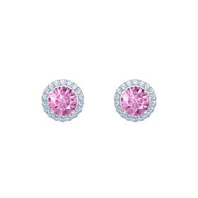 Round Pink Sapphire Sterling Silver Earring with Blue Topaz | Round-Cut Halo Earrings (6mm gems) | Gemvara