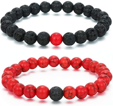 Amazon.com: MengPa Mens Beaded Bracelets Couples Matching Bracelet Set Lava Rock Beads for Women Stone Jewelry (Howlite-Red) US4163B: Clothing, Shoes & Jewelry