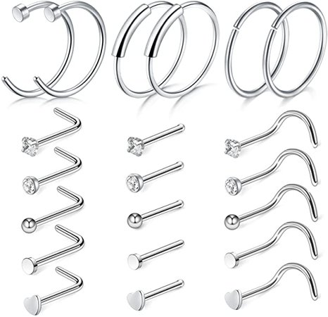 Amazon.com: D.Bella 20G Silver Nose Ring-21pcs Nose Rings Studs Nose Screws Stainless Steel Nose Rings 8mm: Jewelry