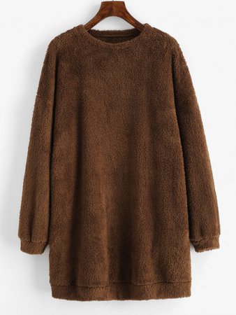 [24% OFF] 2020 ZAFUL Plush Faux Fur Sweatshirt Dress In DEEP COFFEE | ZAFUL