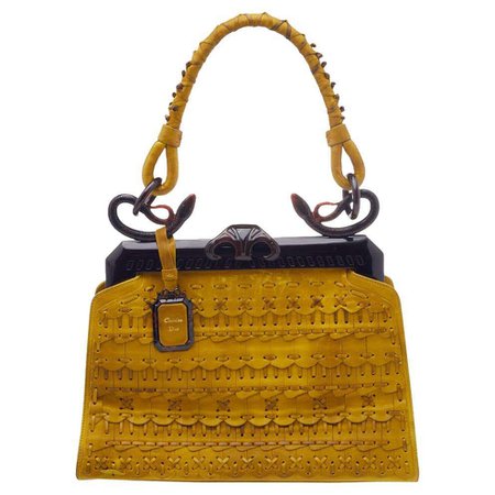 Dior Mustard Yellow/Brown Woven Leather Samourai Armour Frame Bag For Sale at 1stDibs