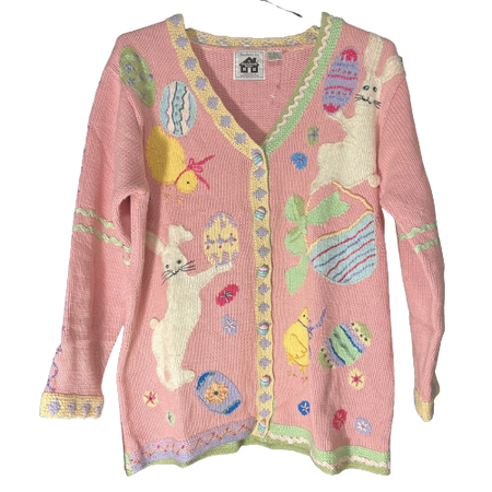 STORYBOOK KNITS Easter Cardigan Sweater Bunnies curious Chicks-Easter Eggs sz L