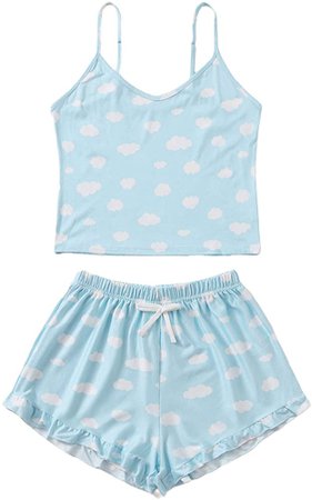 SweatyRocks Women's Summer Cloud Print Cami Top and Shorts Pajamas Set Nightwear Blue Medium at Amazon Women’s Clothing store