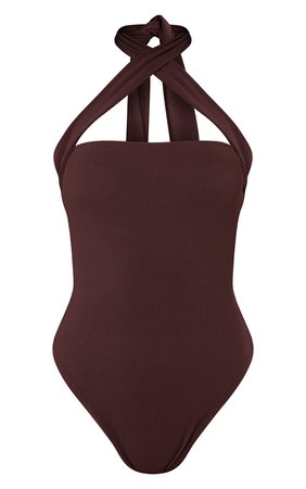 Chocolate Textured Rib Halter Neck Bodysuit | PrettyLittleThing USA