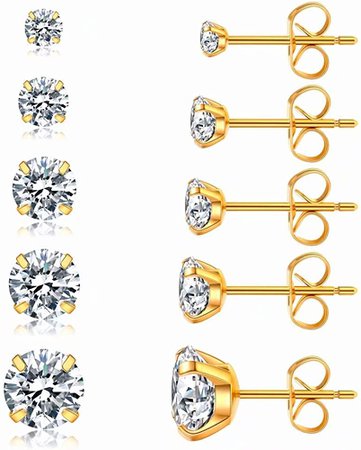 Amazon.com: 5 Pairs Stud Earrings Set, Hypoallergenic Cubic Zirconia 316L Earrings Stainless Steel CZ Earrings 3-8mm (Gold): Clothing, Shoes & Jewelry