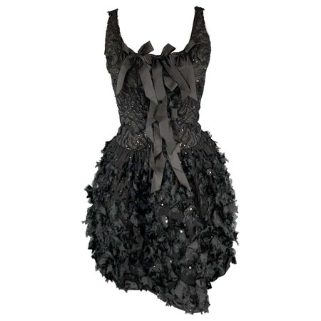 OSCAR DE LA RENTA 6 Black Sequin Mesh Silk Bows Bubble Skirt Cocktail Dress For Sale at 1stdibs