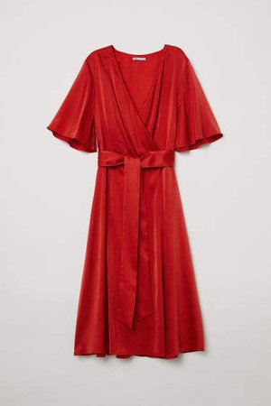 V-neck Silk Dress - Red