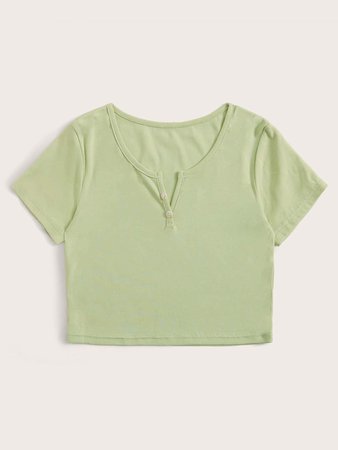 Summer Sale | Pastel Green Crop Henley Shirt | ROMWE USA