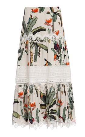 PatBO Tropical Print Lace Trim Midi Skirt