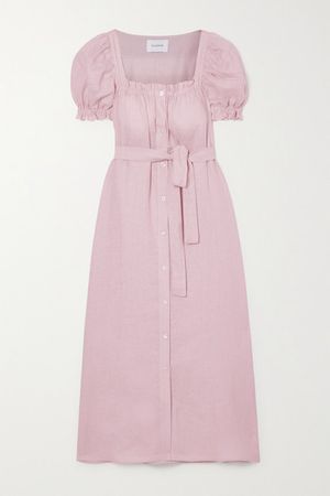 Brigitte Belted Linen Midi Dress - Pink