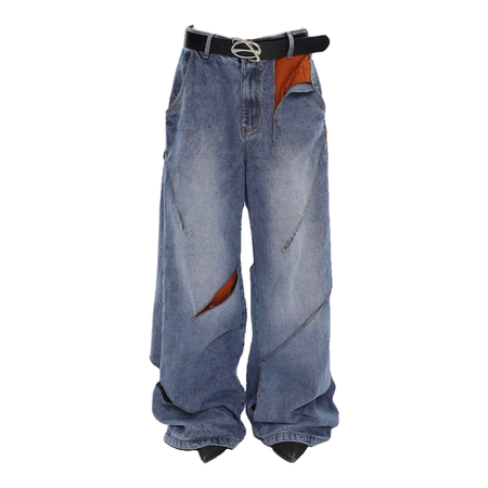 selene denim blue double layered irregular ripped washed straight leg jean pants