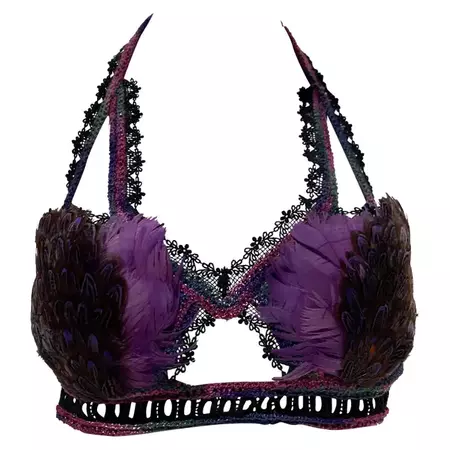 Torso Creations Feathered Lace Bralette in Purple and Black Lace and Crochet For Sale at 1stDibs | purple lace bralette, purple bralette