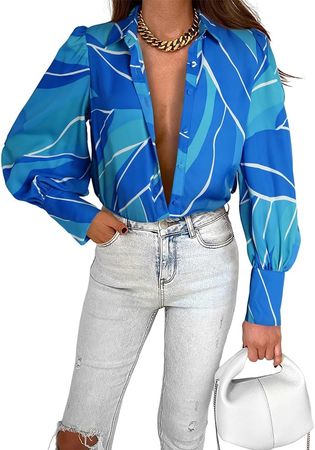 EVALESS Womens Tops Spring Outfits Long Sleeve Shirts Cute Basic Blouses for Women Dressy Casual Country Concert Outfits Boho Clothes for Women Sexy Blue Button Down Shirt for Women Business,Small at Amazon Women’s Clothing store