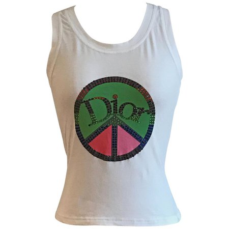 Christian Dior Rhinestone White Peace Sign Tank by John Galliano For Sale at 1stdibs