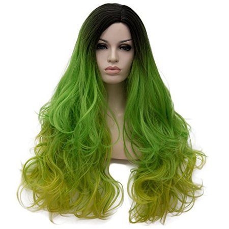 Alacos Synthetic 75CM Long Curly Rainbow Color Ombre Halloween Costumes Cosplay Harajuku Wigs for Women Lady Girl +Free Wig Cap (Fresh Green Ombre)
