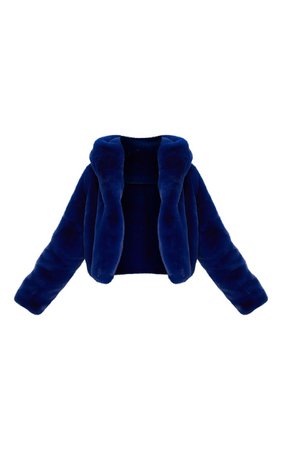 BLUE CROPPED FAUX FUR HOODED COAT