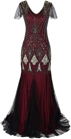 Amazon.com: Women Vintage 1920s Fringed Flapper Gatsby Beaded Sequins Art Deco Evening Party Dress Sexy V Neck Mermaid Hem Cocktail Formal Plus Size Maxi Long Prom Gown with Sleeve Apricot + Gold Small: Clothing