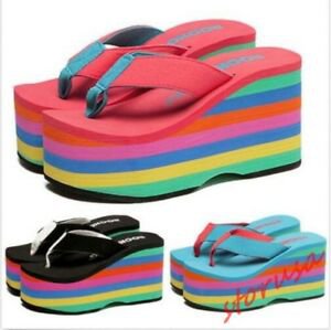 Tanga de plataforma de arco-íris Feminino Anabela Salto Alto Praia Chinelos Sandálias Sapatos | eBay