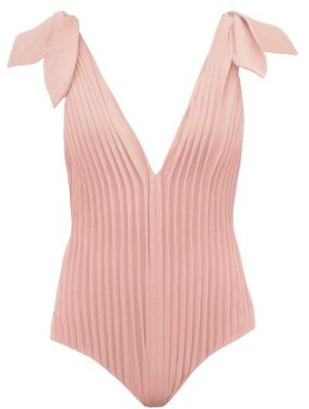 Adriana Degreas X Pleated V Neck Jersey Swimsuit - Womens - Pink