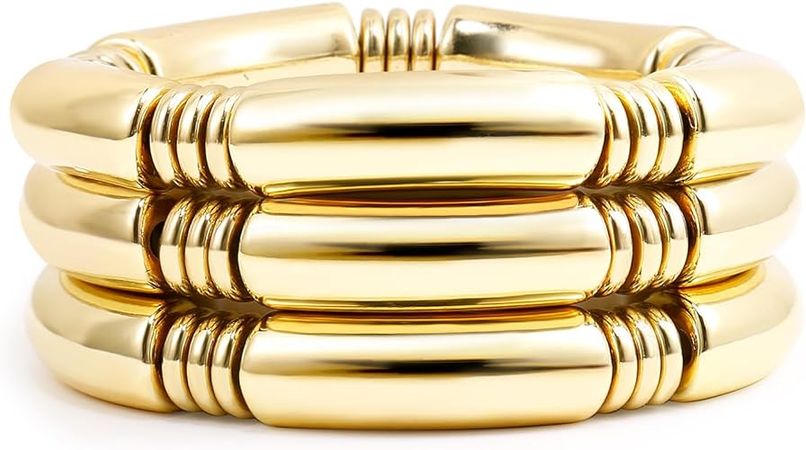 Amazon.com: 3pcs Gold Chunky Bangles Bracelets For Women 14k Gold Plated Stack Layered Curved Bamboo Tube Stretch Bracelets Gift Jewelry: Clothing, Shoes & Jewelry