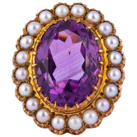 Art Deco Amethyst and Pearl 9 Carat Gold Cocktail Cluster Ring For Sale at 1stDibs