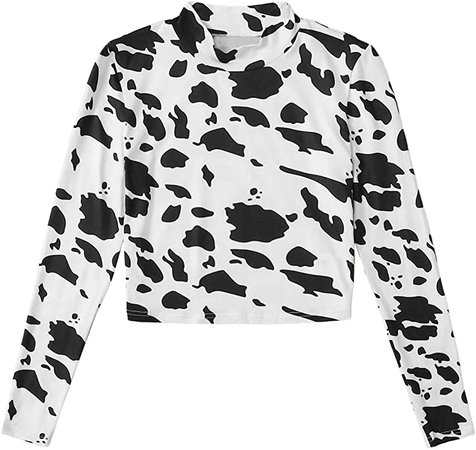 WDIRARA Women's Cow Print Mock Neck Long Sleeve Tee Casual Stretch T Shirts Top Black White XS at Amazon Women’s Clothing store