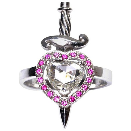 Heart and Dagger Ring in 18kt White Gold with Heart Shaped Diamond and Rubies For Sale at 1stDibs