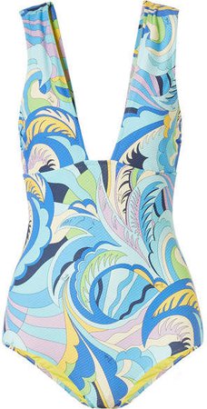 Printed Textured Swimsuit - Light blue