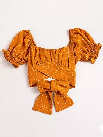 orange Polka Dot Puff Sleeve Tie Back Crop Blouse | SHEIN USA