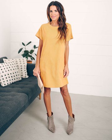 Betsie Pocketed Corduroy Shift Dress - Mustard – VICI
