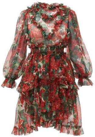 Geranium Print Ruffle Trimmed Silk Dress - Womens - Red Multi