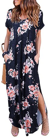 HUSKARY Women's Summer Maxi Dress Casual Loose Pockets Long Dress Short Sleeve Split at Amazon Women’s Clothing store
