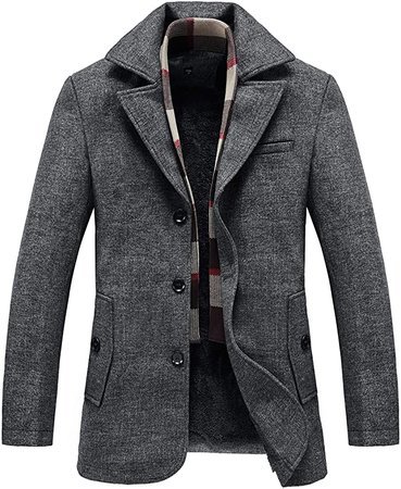 RongYue Men's Wool Blend Pea Coat Fleece Lined Jacket with Removable Soft Wool Plaid Scarf at Amazon Men’s Clothing store
