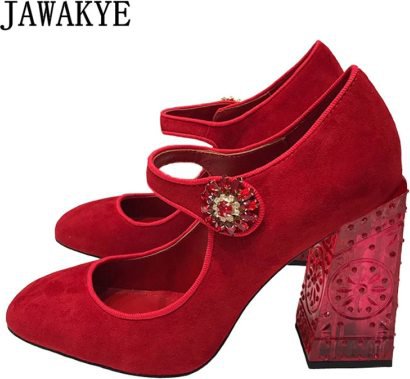 New Spring Mary Jane Chunky High heel Shoes Women Red Green Purple Black Suede Clear Hollow Heel Pumps Retro Crystal Party Shoes - buy New Spring Mary Jane Chunky High heel Shoes Women Red Green Purple Black Suede Clear Hollow Heel Pumps