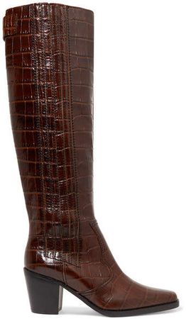 Western Croc-effect Leather Knee Boots - Brown
