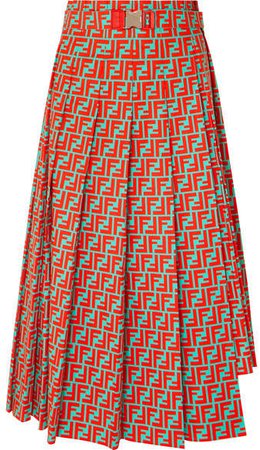 Asymmetric Pleated Printed Cotton-poplin Skirt - Red