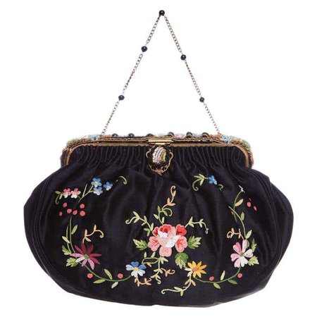 1920s French Black Silk Bag With Floral Embroidery and Hand Beadwork Frame For Sale at 1stdibs