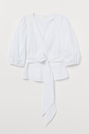 Puff-sleeved Wrapover Blouse - White - Ladies | H&M US