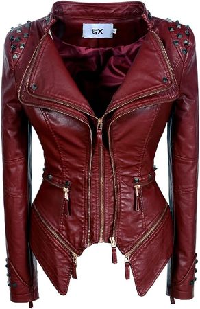 SX Women's Fashion Studded Perfectly Shaping Faux Leather Biker Jacket (L, Wine red) at Amazon Women's Coats Shop