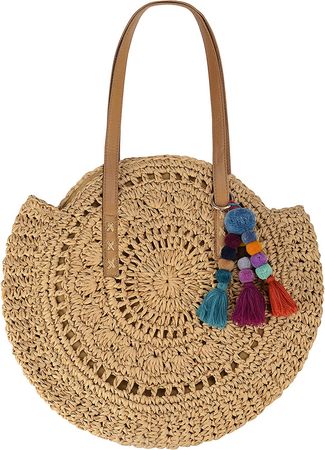 Amazon.com: Beach Bag Straw Handbags for Women Natural Chic Large Round Bohemian Shoulder Hand Bag Wallet Purse with Boho Pom Pom Tassel Bag Charm Key Chain (Khaki) : Clothing, Shoes & Jewelry