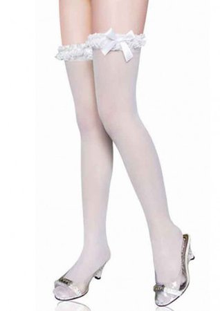 White Mesh Satin Ribbon Thigh Highs Lace Stockings Tights