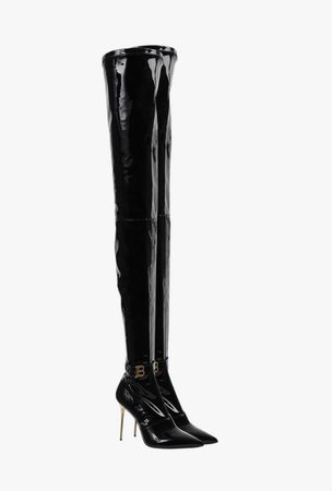 Black Stretch Vinyl Raven Thigh High Boots for Women - Balmain.com