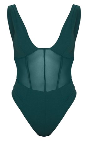 Emerald Green Mesh Detail Caged Bodysuit | PrettyLittleThing