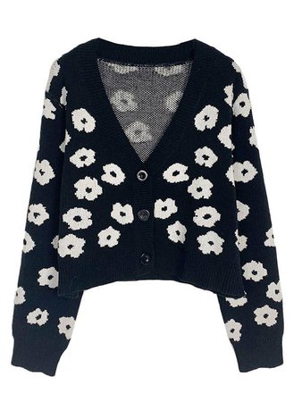 black knit cardigan with white flowers