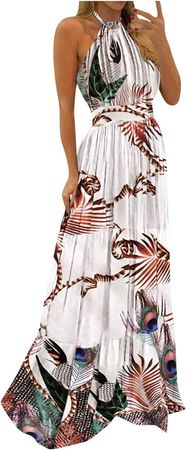 Amazon.com: DYGUYTH Boho Dress for Women,Elegnat Sexy Halter Neck Sleeveless Off Shoulder Backless Long Dress Smocked Formal Maxi Dress : Sports & Outdoors