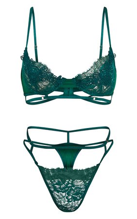 Emerald Green Embroidered Strappy Lingerie Set | PrettyLittleThing AUS